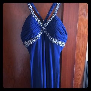 Royal blue prom dress with rhinestones and train